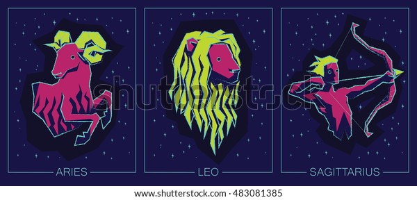 Vector illustration\
of Zodiac Signs on Night Starry Sky Background. Zodiac Fire Signs:\
Aries, Leo,\
Sagittarius.