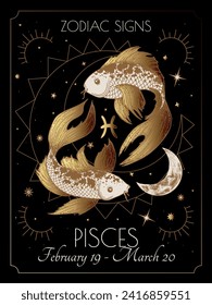Vector illustration of zodiac signs. Pisces in black and gold colors in engraving style