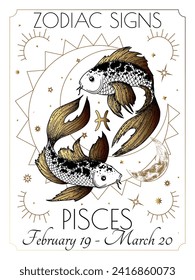 Vector illustration of zodiac signs. Pisces in white and gold colors in engraving style