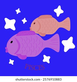 Vector illustration of zodiac signs. Pisces sign. Two fish in different shades. Inscription: "pisces." Geometric elements around fish, blue background. Horoscope, zodiac sign, fish.