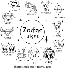 Vector illustration of zodiac signs in the power of Doodle, black outline on an isolated white background. The concept of astrology, mysticism, divination, horoscopes. Can be used for books, fabric