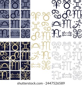 vector illustration, zodiac signs, religion, horoscope, set, constellations of zodiac signs for astrological, esoteric, magic sessions, magic cards for personality research. Mystical Tarot cards.