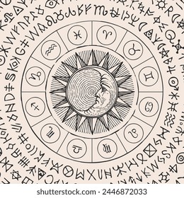 Vector illustration of Zodiac signs in retro style with Sun and moon, magic runes written in a circle on white background. Hand-drawn banner with twelve horoscope symbols for astrological forecasts