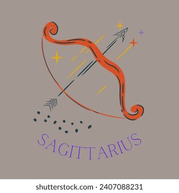 Ilustración vectorial de los signos de zodiaco. Señal de Sagittarius. Título latino debajo de la ilustración: "Sagitario". Colorido, signo zodiaco, sagitario, astrología. horóscopo, personaje, signo.