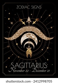 Vector illustration of zodiac signs. Sagittarius in black and gold colors in engraving style