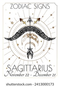 Vector illustration of zodiac signs. Sagittarius in white and gold colors in engraving style