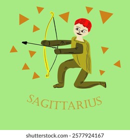 Vector illustration of zodiac signs. Sagittarius sign. Archer kneeling on one knee. Archer with bow and arrow. Man, Sagittarius, Horoscope, Sign, Trendy.