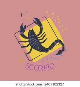 Ilustración vectorial de los signos de zodiaco. Señal de Escorpio. Título latino debajo de la ilustración: "Escorpio". Signo de zodiaco colorido, escorpión, astrología. horóscopo, personaje, signo, animal, veneno, espina, garra