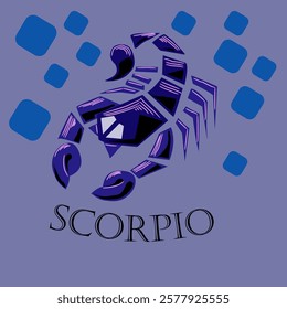 Vector illustration of zodiac signs. Scorpio sign. Illustration in shades of blue with black accessories. Scorpio, animal, poisonous, dangerous, horoscope