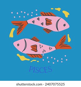 Vector illustration of zodiac signs. Sign of the fish. Latin title below illustration: "Pisces." Colorful, zodiac sign, pisces, fish.