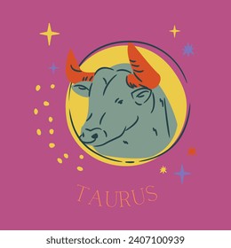 Ilustración vectorial de los signos de zodiaco. La señal del toro. Título latino debajo de la ilustración: "Tauro". Signo de zodiaco colorido, taurus, astrología. horóscopo, personaje, signo, animal, cuernos