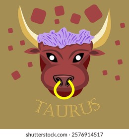 Vector illustration of zodiac signs. The sign of the bull. 
Bull's head in front. Illustration of a bull, golden circle in the nostrils, horns. Inscription: "Taurus." Horoscope, zodiac sign, Taurus.