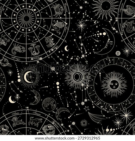 Vector illustration of zodiac signs in a synthage linear retro engraving style with baroque elements. Astrology and tarot	