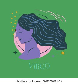 Vektorgrafik von Tierkreiszeichen. Virgo. lateinischer Titel unter Abbildung: "Virgo." Farbiges, zodiaktisches Zeichen, virgo, Astrologie. Horoskop, Charakter, Zeichen, Frau, Seitenprofil