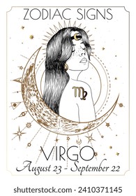 Vector illustration of zodiac signs. Virgo in white and gold colors in engraving style