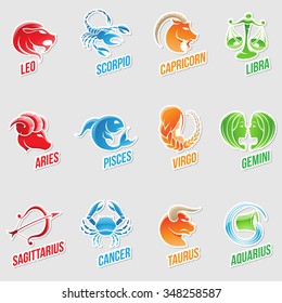 Vector Illustration of Zodiac Star Signs with Sticker like Designs