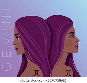 Vector illustration of the zodiac symbol Gemini. Illustration of the astrological sign as a beautiful girl. 