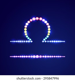 Vector illustration: Zodiac symbol Libra made of rainbow crystals for horoscope isolated on dark blue background