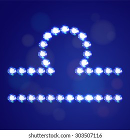 Vector illustration: Zodiac symbol Libra made of shiny blue crystals isolated on dark blue background