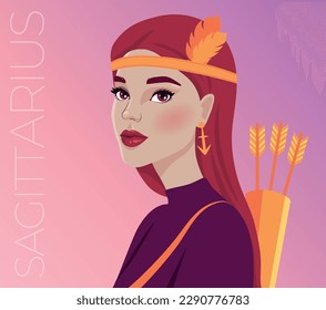 Vector illustration of the zodiac symbol Sagittarius. Illustration of the astrological sign as a beautiful girl. 