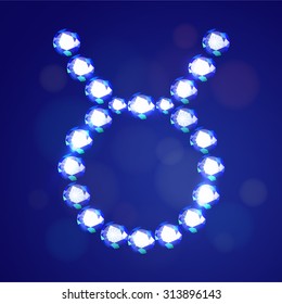 Vector illustration: Zodiac symbol Taurus made of light blue crystals  isolated on dark blue background with bokeh circles