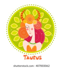 Vector illustration - Zodiac symbol Taurus as a woman. Unique illustration in flat style with texture. Girl with red hair and horns. Beautiful design for poster, magazine, print, logo. 100% Vector