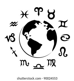 Vector illustration of zodiac symbols and Earth silhouette