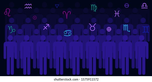 vector illustration of zodiac symbols and many people for personal and community prognosis