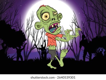 Vector illustration of a zombie cartoon characters walking in graveyard silhouette of bare trees and full moon on purple color background. 