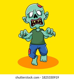 Ilustración vectorial de la persecución de personajes zombie y muy aterrador. ilustración zombie de caracteres con fondo amarillo