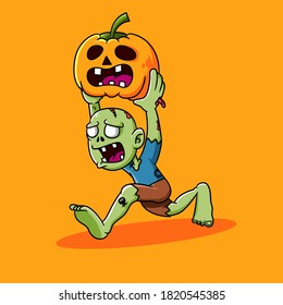 Vector illustration zombie character run and holding pumpkin. character zombie illustration with orange background