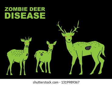 Vector illustration of Zombie Deer Disease Poster, of green deer with red eyes on the black background.