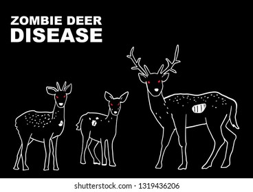 Vector illustration of Zombie Deer Poster, of black deer with red eyes on the black background.