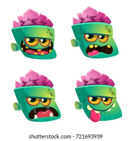 Vector illustration of Zombie face emoticons set. Halloween cartoon zombie heads 