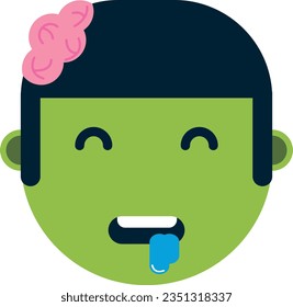 Vector illustration of a zombie. Green zombie face with brain. Monster.