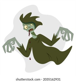 Vector illustration of a zombie guy with blood dripping from her mouth. Spooky, terrifying male Halloween character. Isolated cartoon illustration for holiday events.