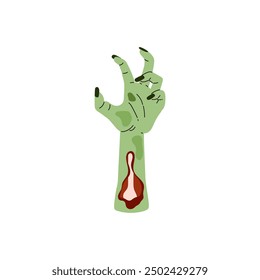 Vector illustration of a zombie hand in green color on an isolated background. A rotting limb is the perfect addition to a Halloween themed design in a flat cartoon style.