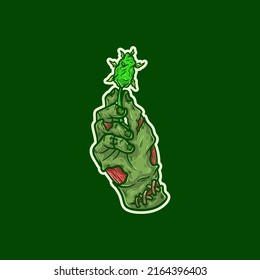 a vector illustration of a zombie hand hold a cannabis flower
