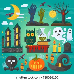 Vector illustration of zombie hands, bats, owl, ghost, castle and other different spooky elements and decorations for Halloween.