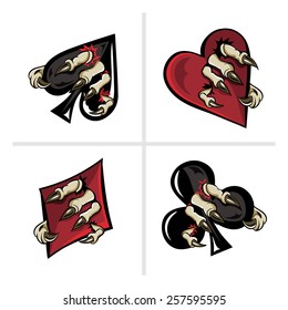 Vector illustration of zombie hands holding playing card suits of the spade, heart, diamond and club icons. 