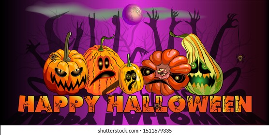 Vector illustration of zombie hands silhouettes and pumpkins with face. Drawing of halloween pumpkins.