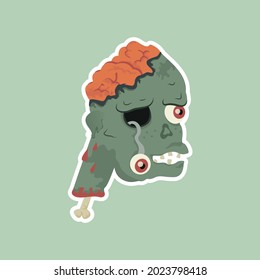 Ilustración vectorial de una cabeza y cerebro zombie. Dibujo manual de una caricatura no muerta para halloween, logo, icono, pancarta, afiche.