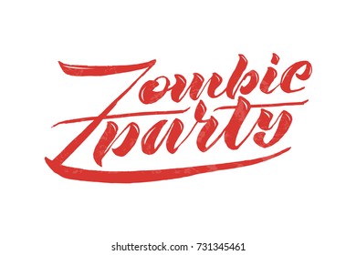 Vector illustration of Zombie Party text for invitation to a party. Postcards for Halloween. Handwritten holiday calligraphy zombie party poster.