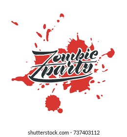 Vector illustration of Zombie Party text for invitation to a party. Postcards for Halloween. Handwritten holiday calligraphy zombie party poster.