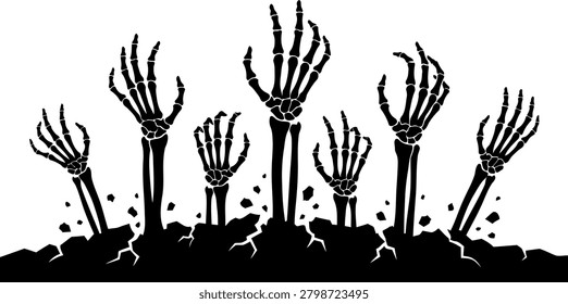 Vector illustration of zombie skeleton hands rising from the ground. Halloween theme, scary dead hands reaching out from the earth.