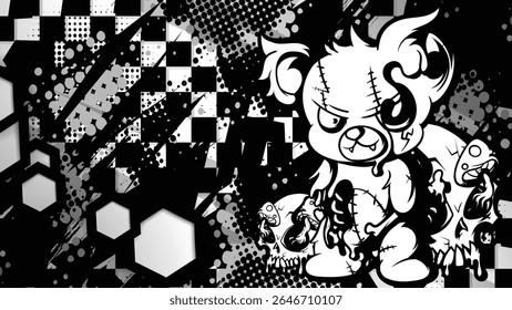 Ilustração vetorial de um urso de pelúcia zumbi em um fundo abstrato monocromático, com elementos quadriculados, hexágonos e cogumelos de crânio, eps 10, editável.