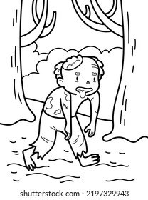 Vector illustration with zombie walking in a spooky forest. Coloring page with Halloween character.