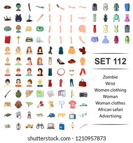 Vector illustration of zombie, wrist, women, clothing, woman clothes african safari advertising icon set.