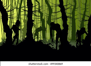 Vector illustration of zombies roaming a creepy night forest with mist