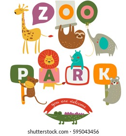 Vector illustration of zoo animals in cartoon style. 